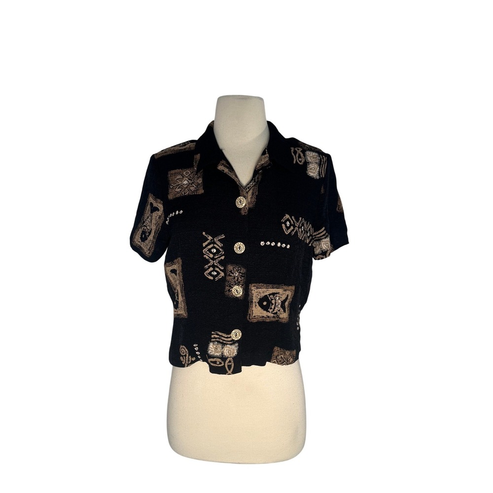 VTG Teddi Tribal Fish Print Cropped Button Up Top Black Tan‎ Collared SZ 8